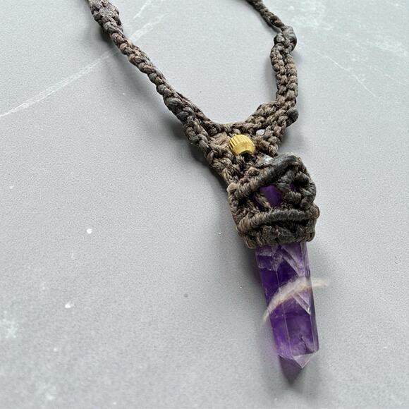 Brown Macrame Purple Amethyst Necklace with Golden Bead Adjustable Size - Picture 4 of 6